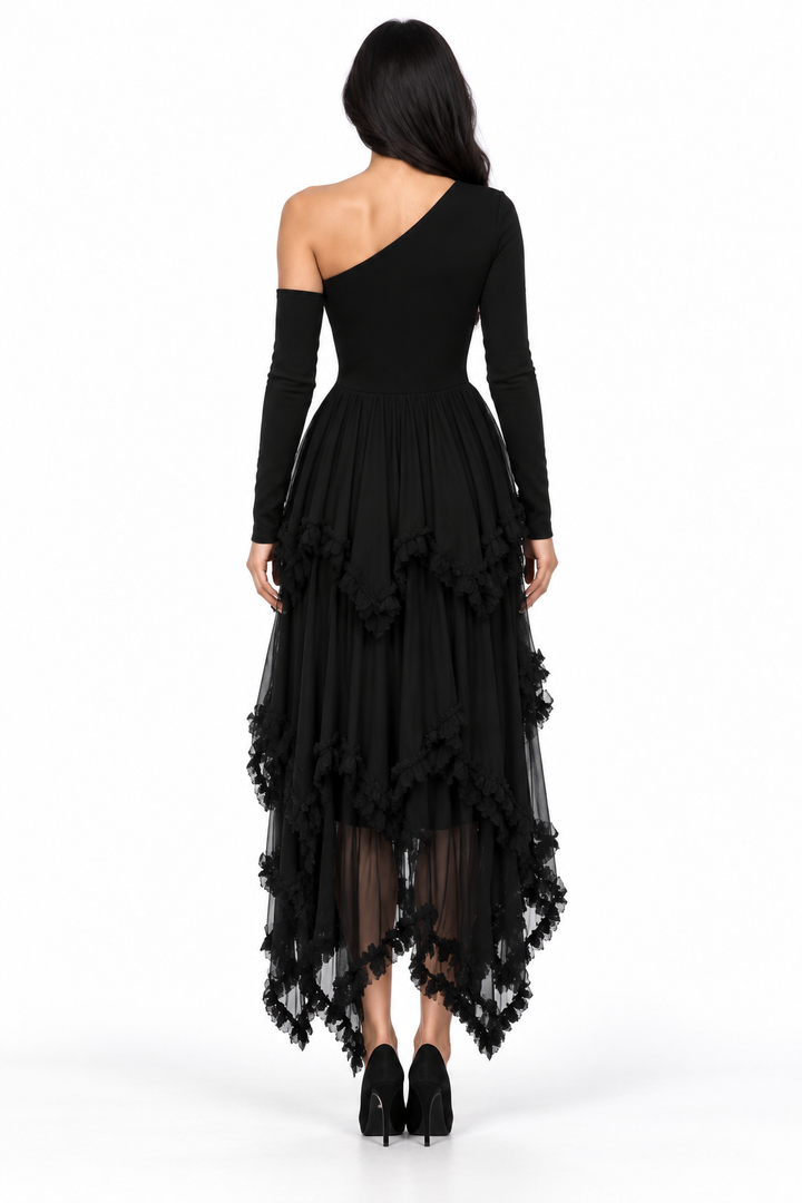 Black One Shoulder Ruffle Tulle Midi Dress - Selena