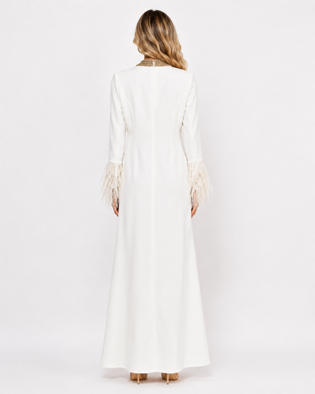 Embellished Collar Feather Sleeve Maxi Dress - Classic