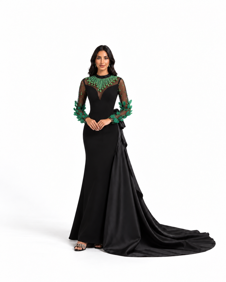 فستان سهرة أسود مرصع بالزمرد - سيليست