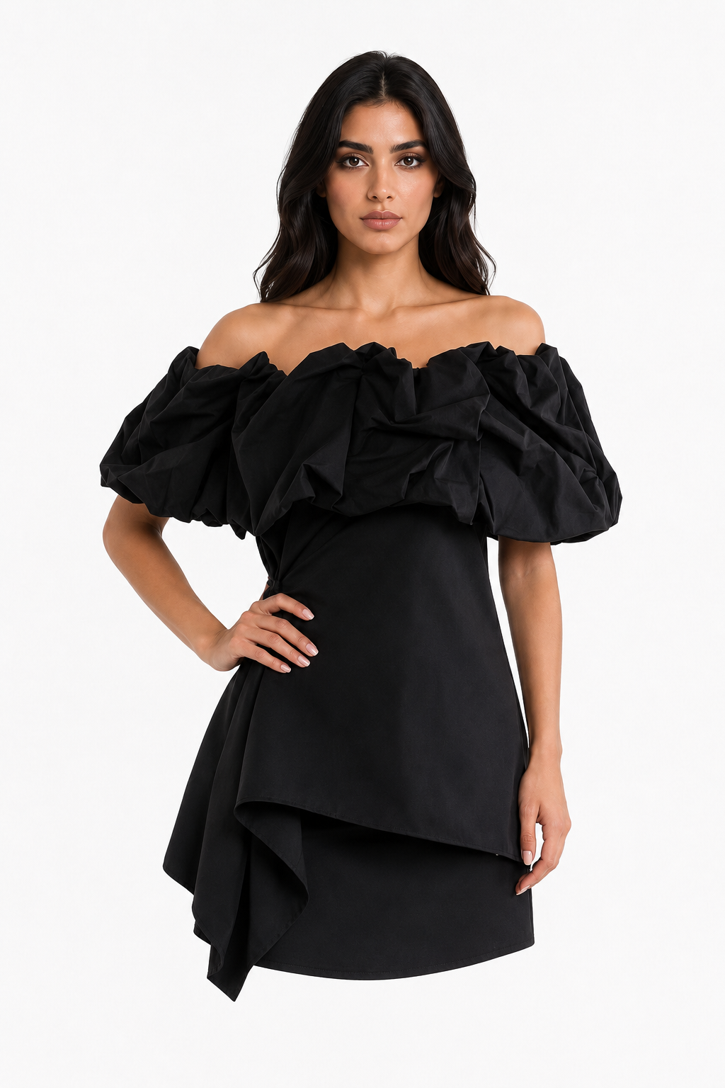Black Off-Shoulder Ruffle Asymmetric Top – RAVEN