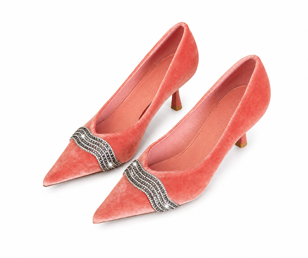 Velvet Rhinestone Pointed Pumps - Blush
