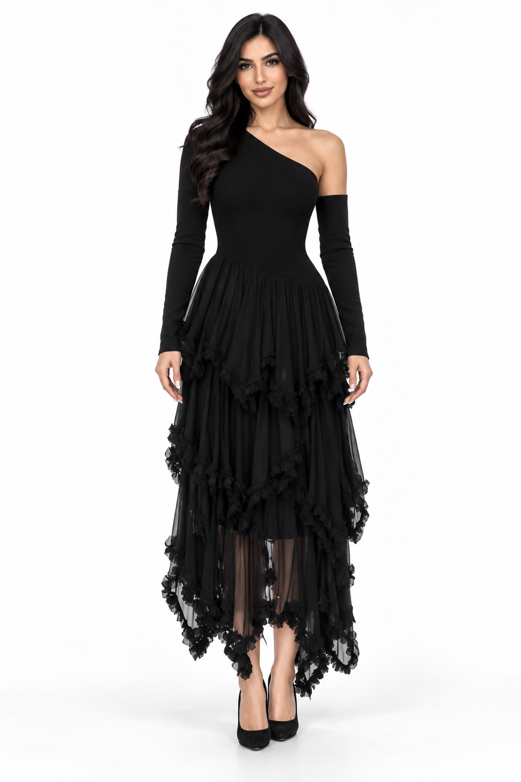 Black One Shoulder Ruffle Tulle Midi Dress - Selena