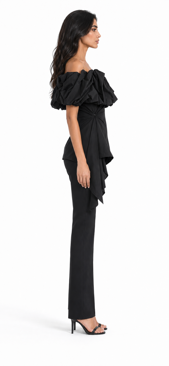 Black Off-Shoulder Ruffle Asymmetric Top – RAVEN