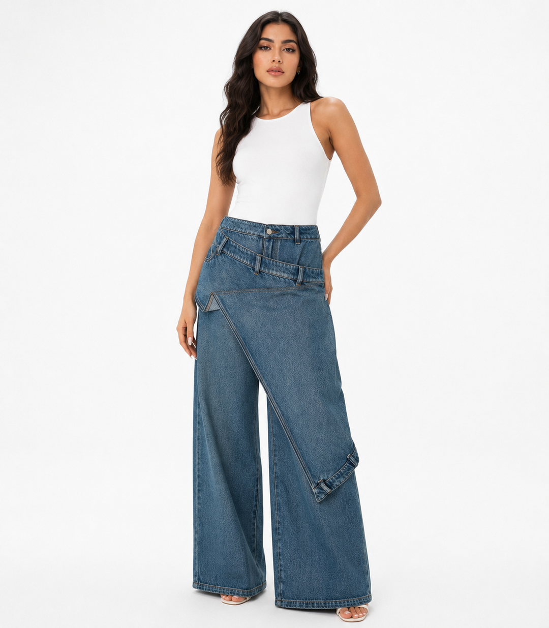 Asymmetric Wrap Wide Leg Denim Pants - Nova