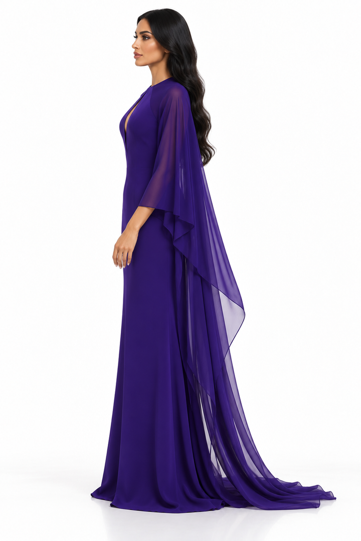 Keyhole Cape Sleeve Evening Gown - Amethystine