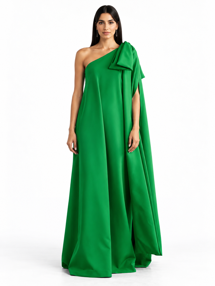 Emerald Green One-Shoulder Bow Cape Maxi Dress - Esmeralda