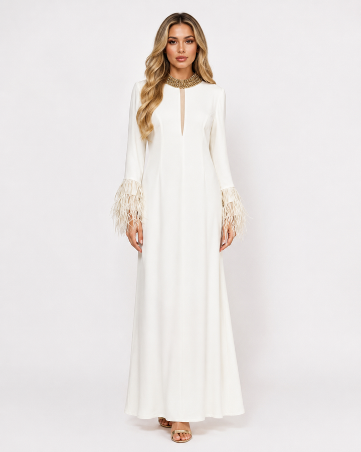 Embellished Collar Feather Sleeve Maxi Dress - Classic
