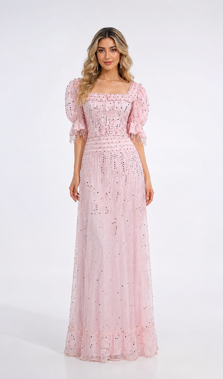 Crystal Puff Sleeve Evening Gown – ROSABEL