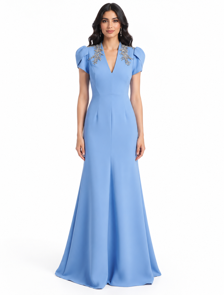 Crystal Shoulder Puff Sleeve - Gown