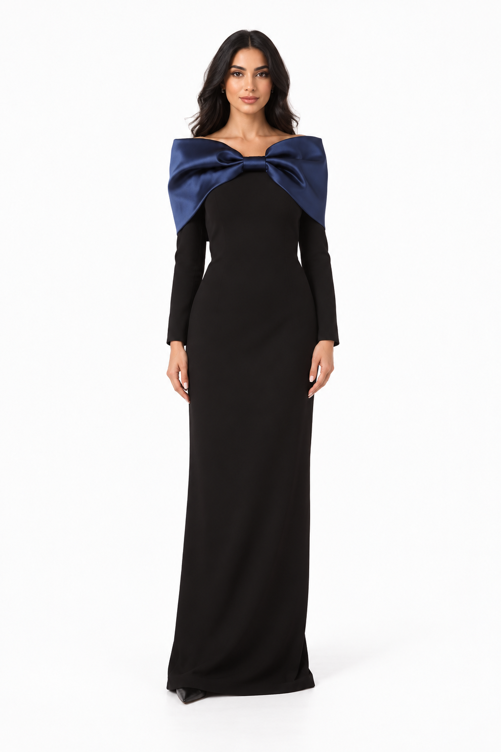 Bow Shoulder Long Sleeve Evening Gown - Noctis