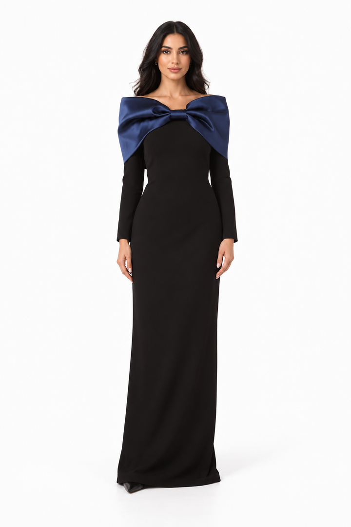 Bow Shoulder Long Sleeve Evening Gown - Noctis