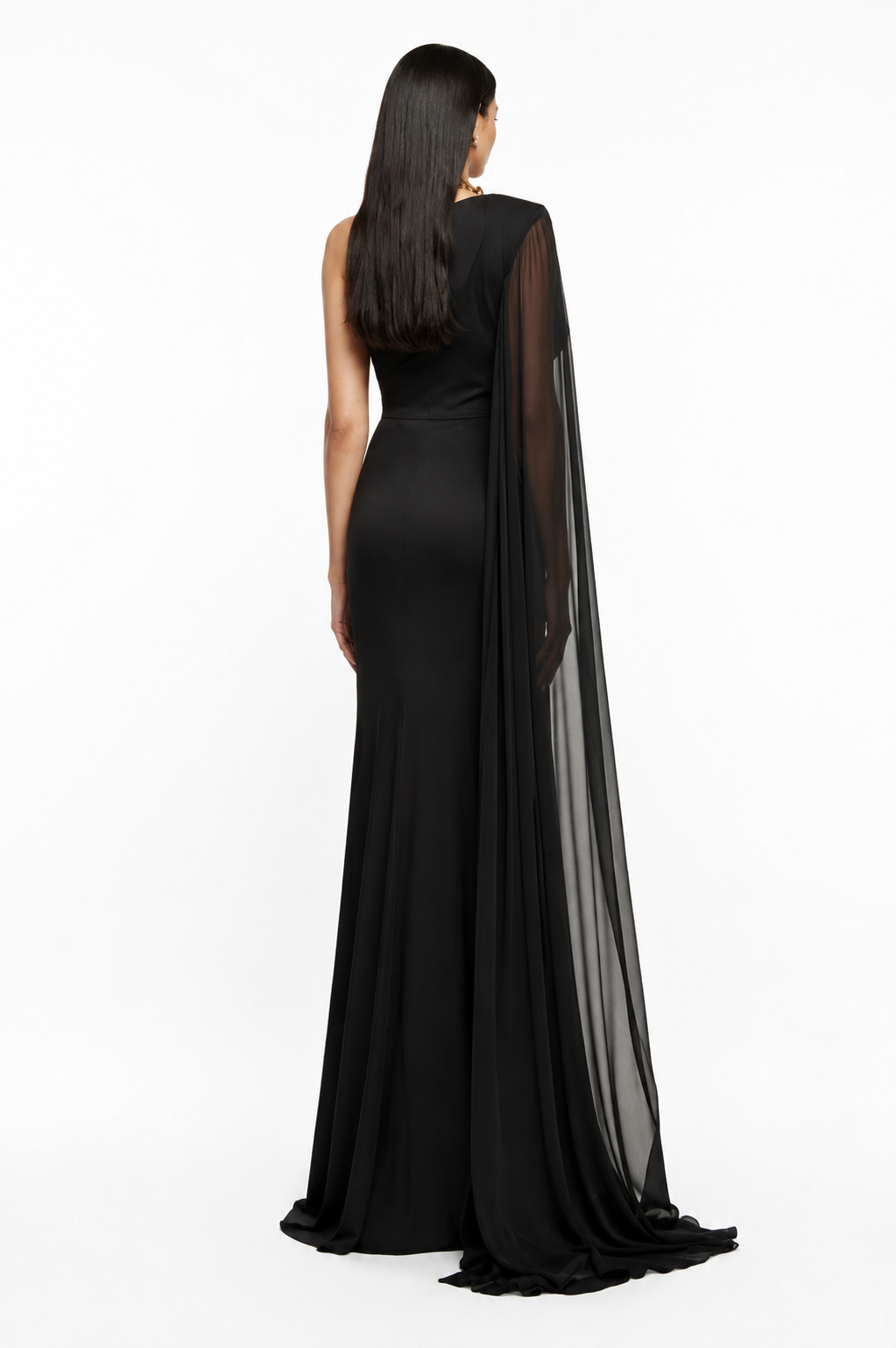 One-Shoulder Cape Gown – Noir