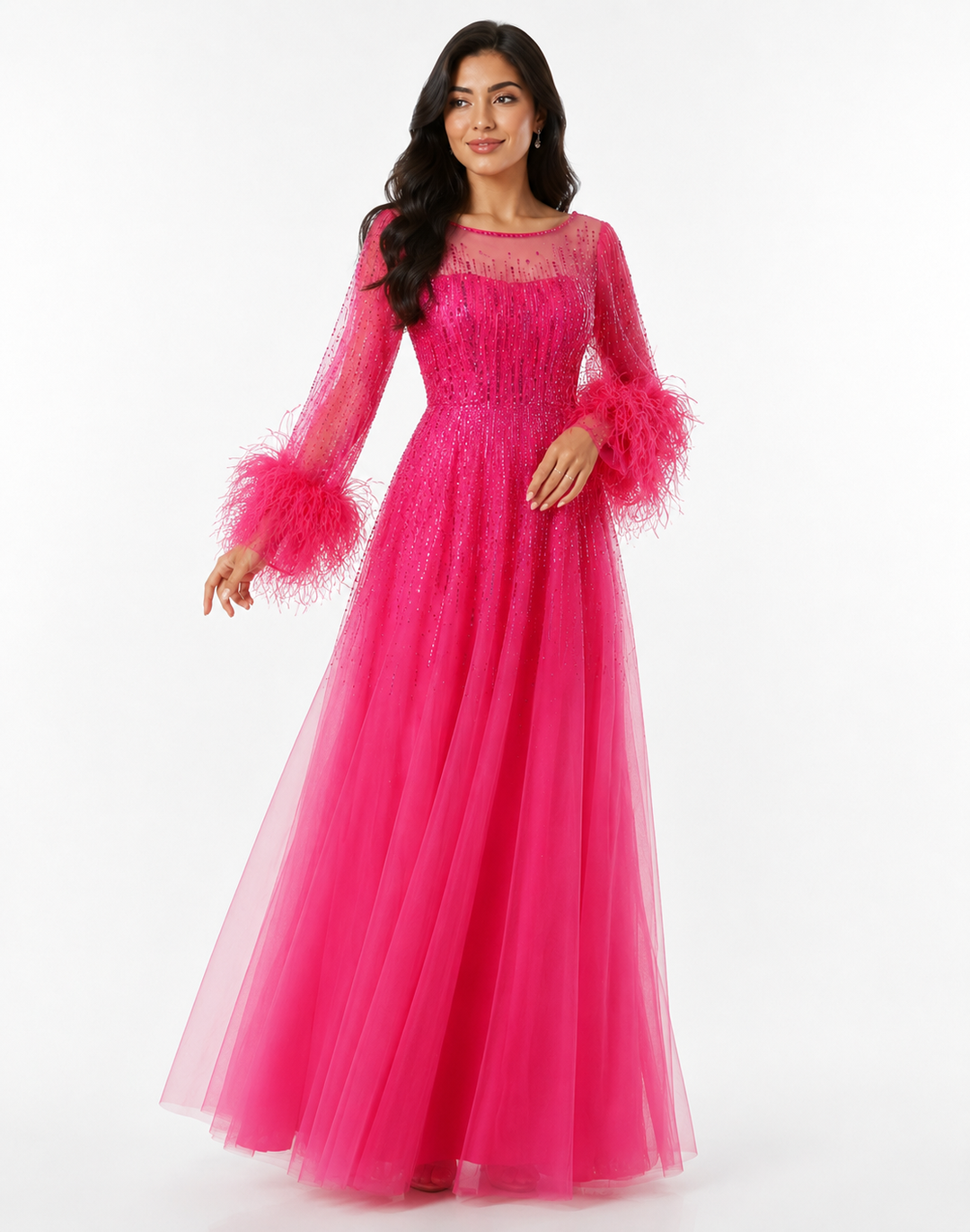 Feather Cuff Sequin Tulle Gown – FUCHSIA