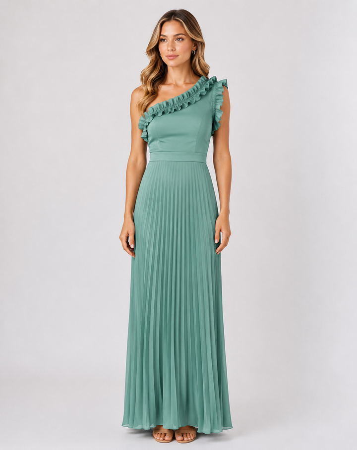 Olive Ruffle One-Shoulder Pleated Maxi Dress — Verdure