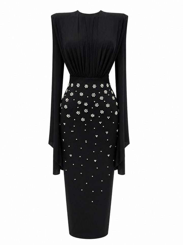 Pearl Embellished Cape Sleeve Midi Dress - Glam