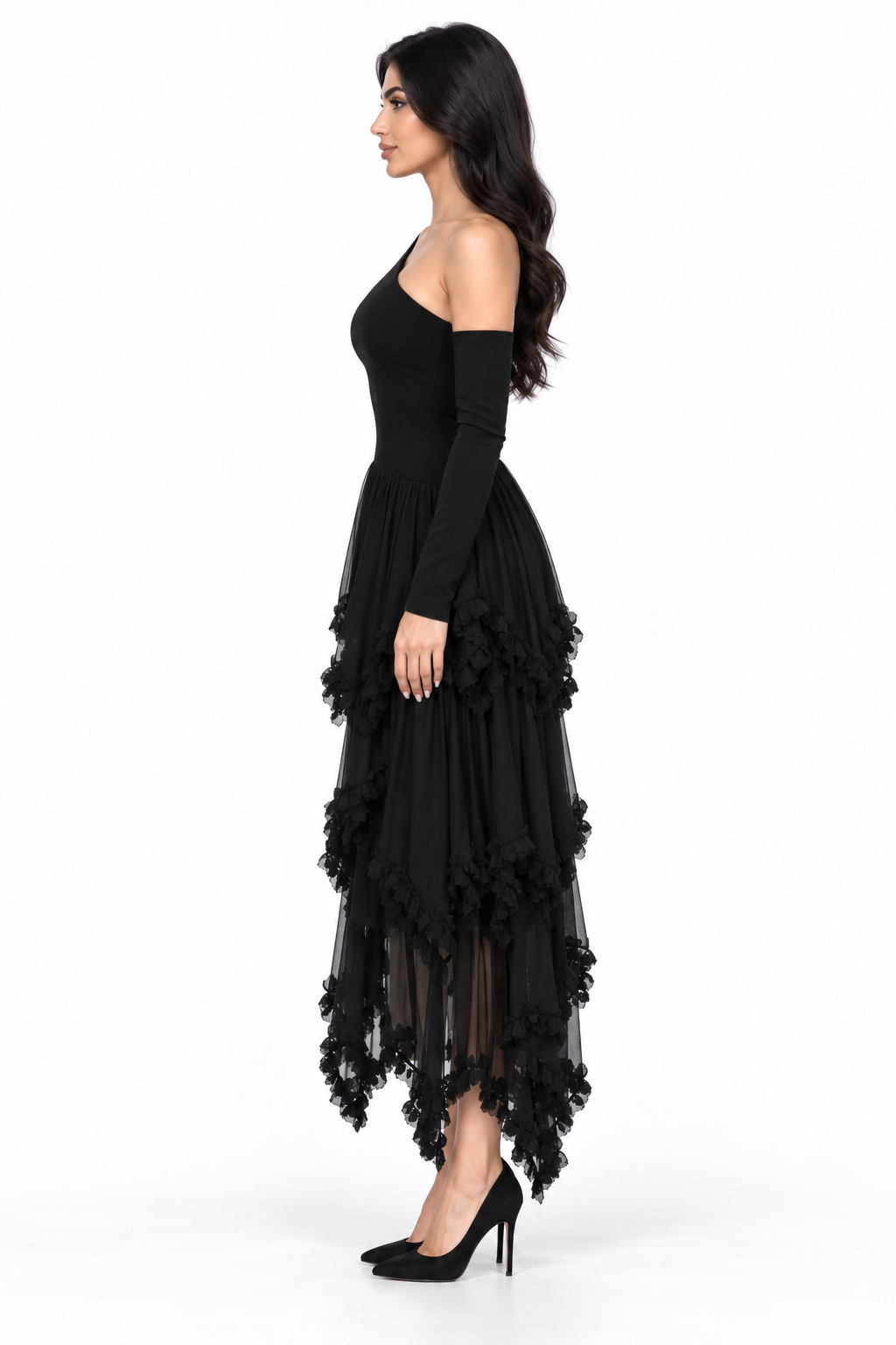 Black One Shoulder Ruffle Tulle Midi Dress - Selena