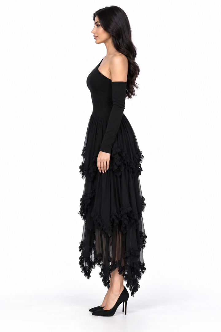 Black One Shoulder Ruffle Tulle Midi Dress - Selena