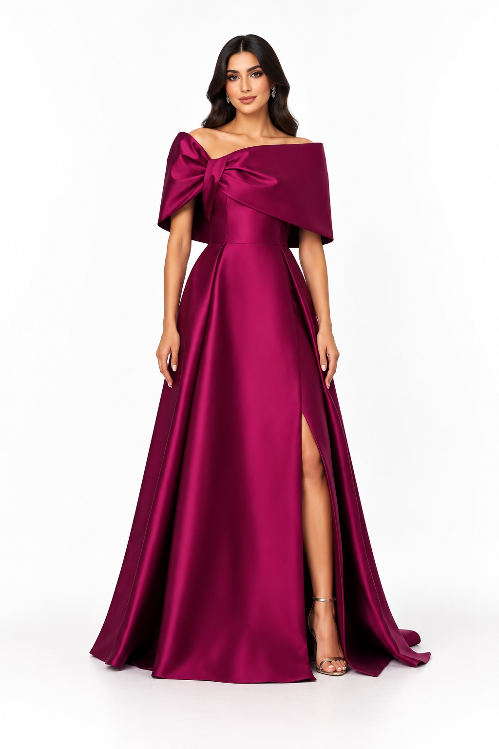 Off-Shoulder Bow Satin Evening Gown - Allure