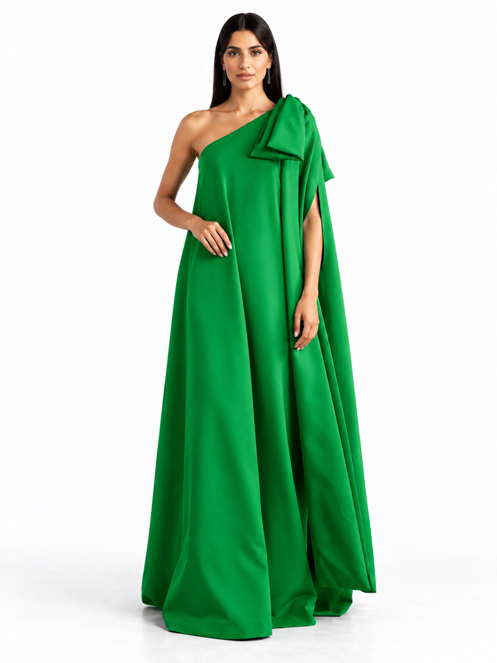 Emerald Green One-Shoulder Bow Cape Maxi Dress - Esmeralda