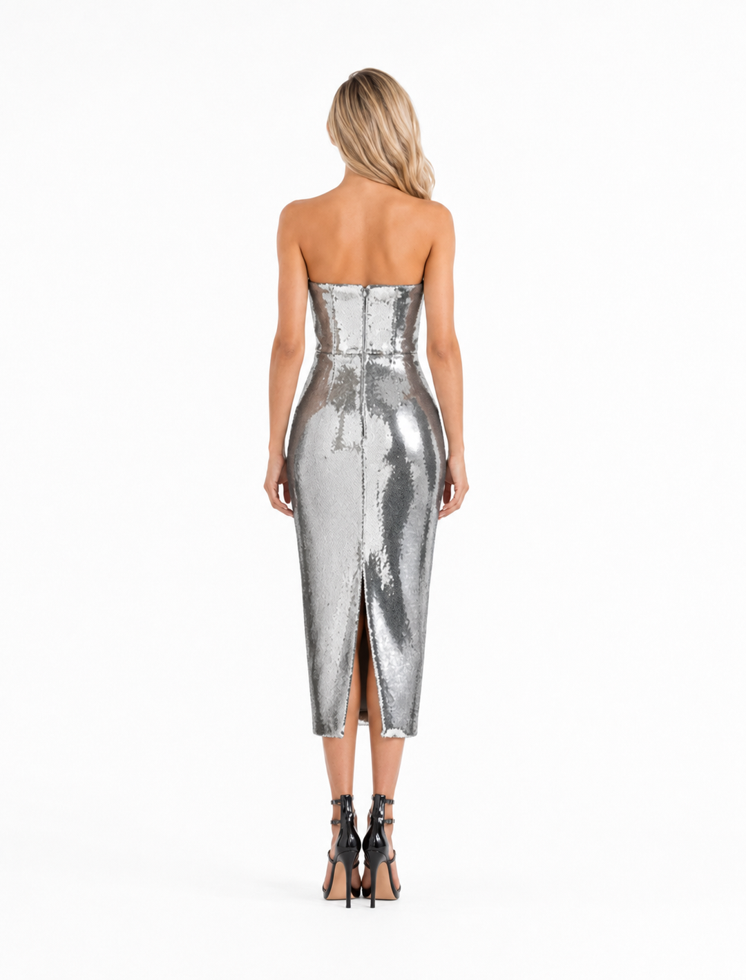 Silver Sequin Strapless Midi Dress – MIRAGE