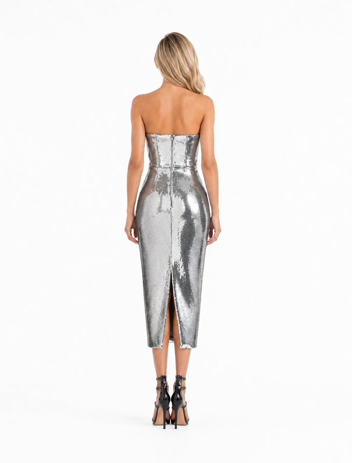 Silver Sequin Strapless Midi Dress – MIRAGE