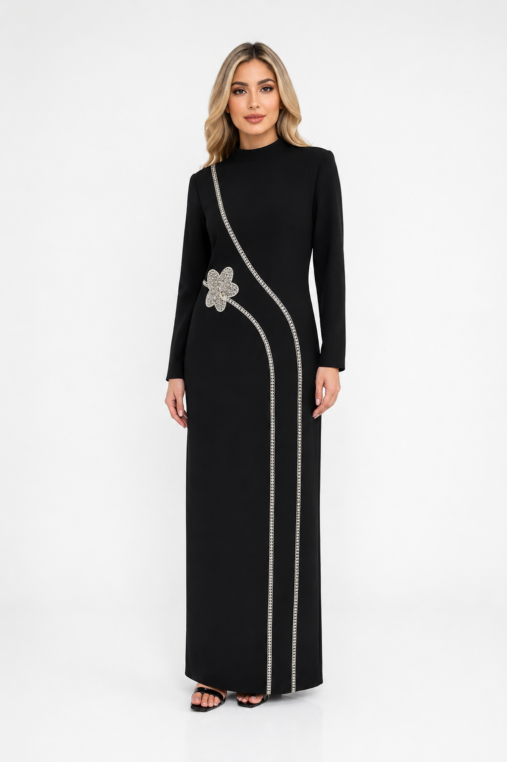 Crystal Floral Trim Maxi Dress - Ivory