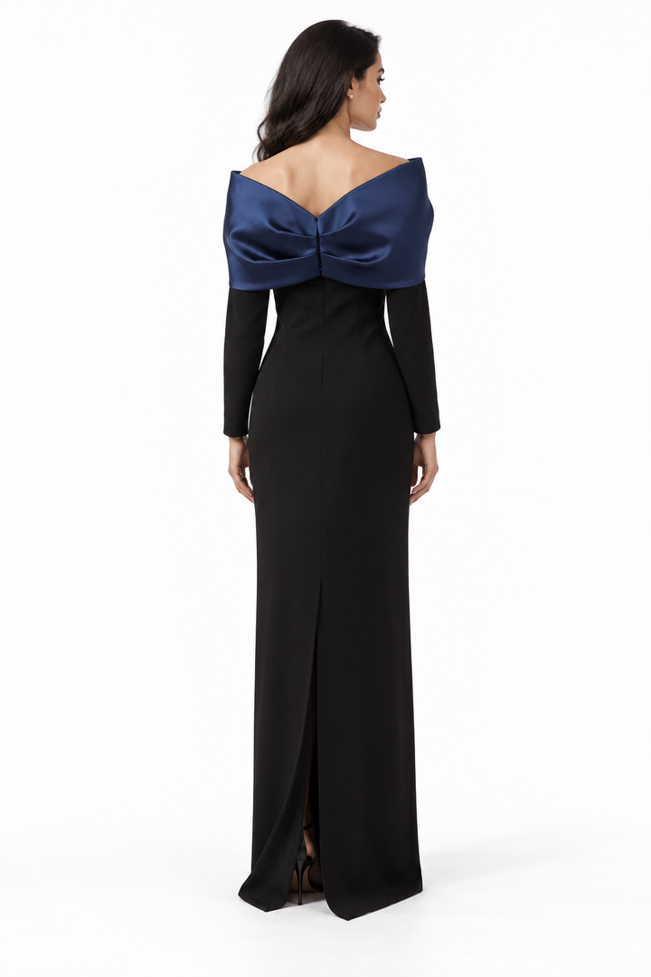 Bow Shoulder Long Sleeve Evening Gown - Noctis