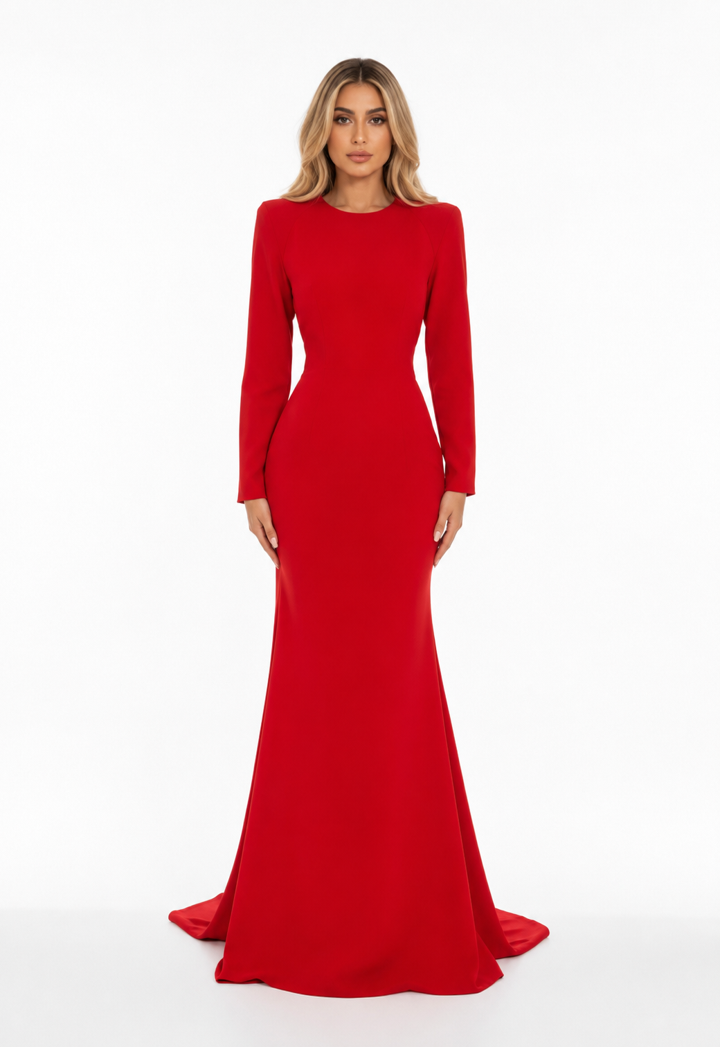 Sculpted Long-Sleeve Mermaid Gown - Scarlet