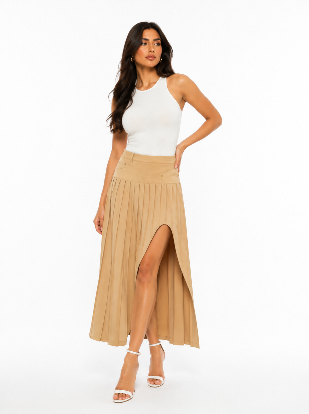 Pleated High-Low Midi Skirt – Dune