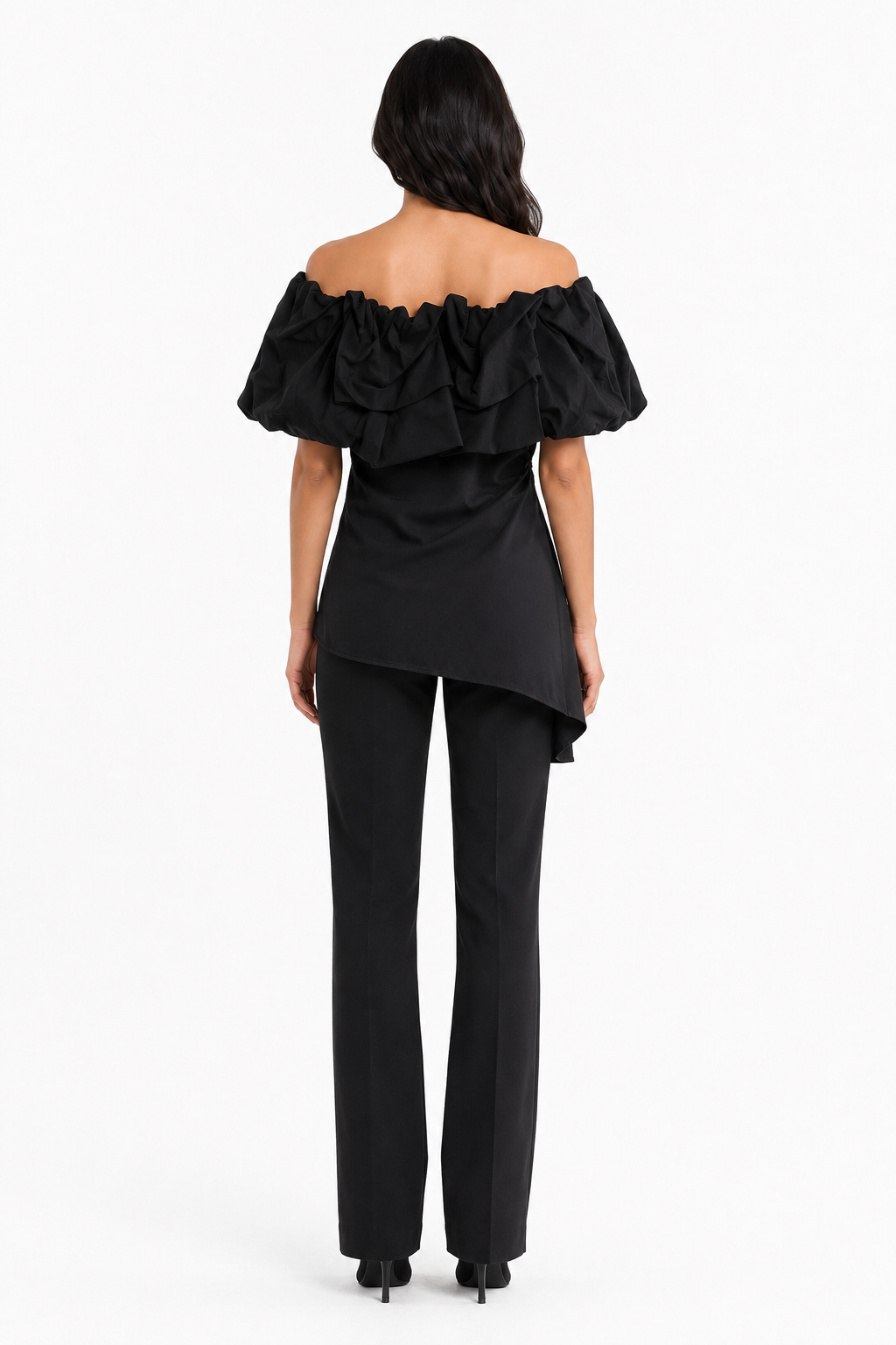 Black Off-Shoulder Ruffle Asymmetric Top – RAVEN