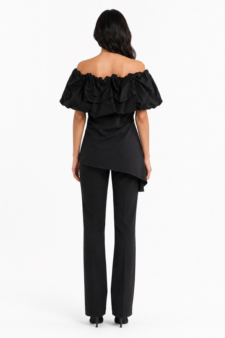 Black Off-Shoulder Ruffle Asymmetric Top – RAVEN