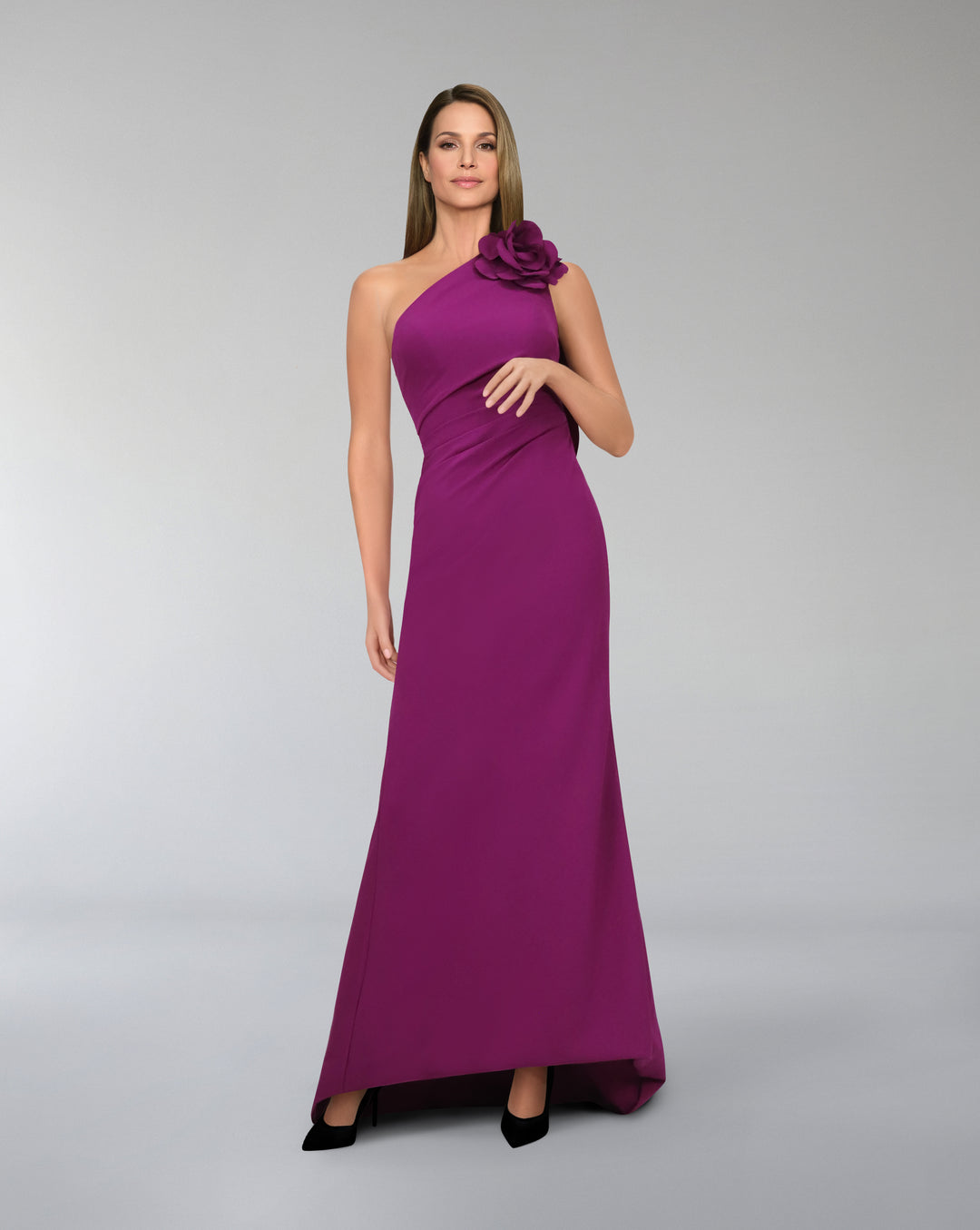 Shoulder off draped dress with 3D flower