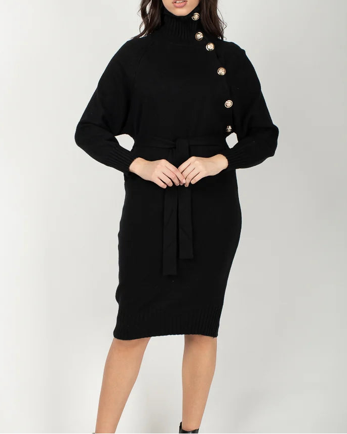 ribbed turtleneck knit dress with side buttons – ALORA