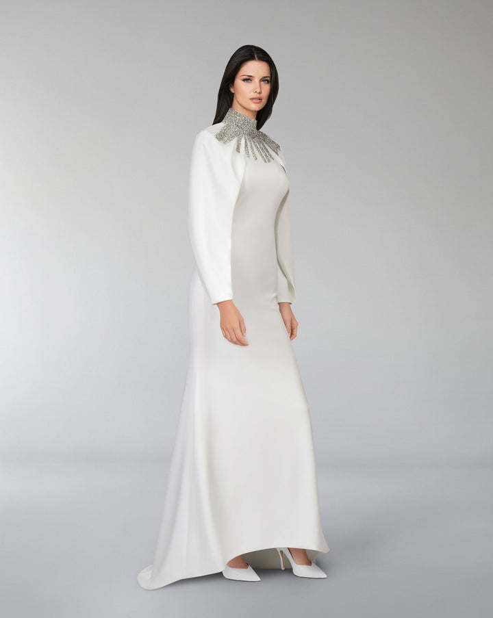 Beaded collar dress with capelet sleeves