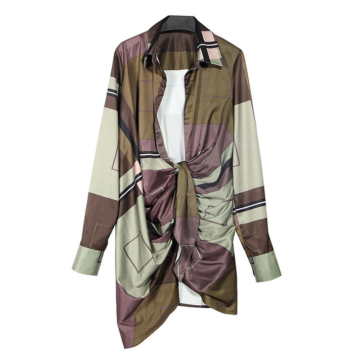 geometric print draped shirt dress with twisted front - ZARADY