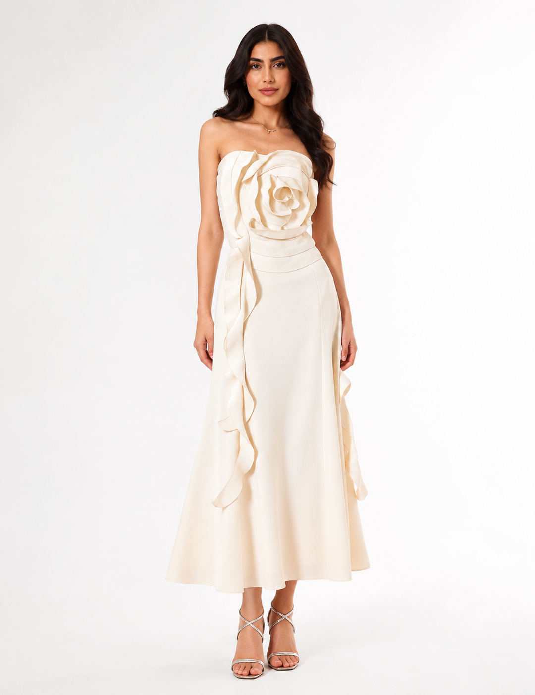 Ivory 3D Rose Strapless Midi Dress – Rosette