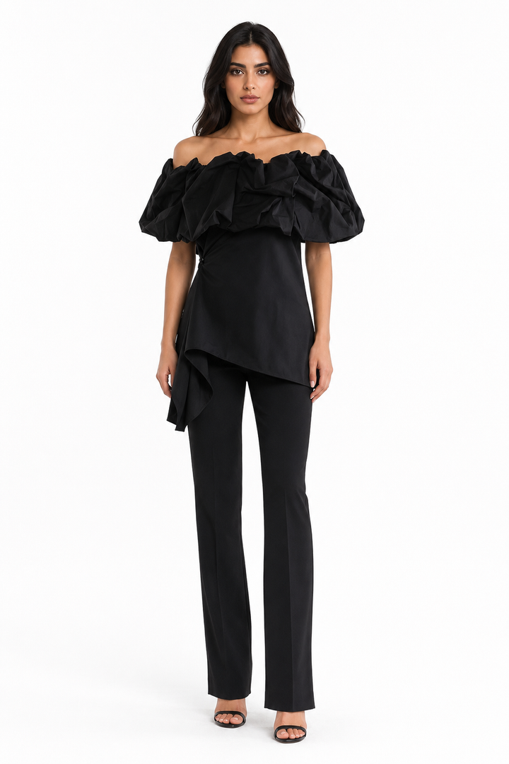 Black Off-Shoulder Ruffle Asymmetric Top – RAVEN