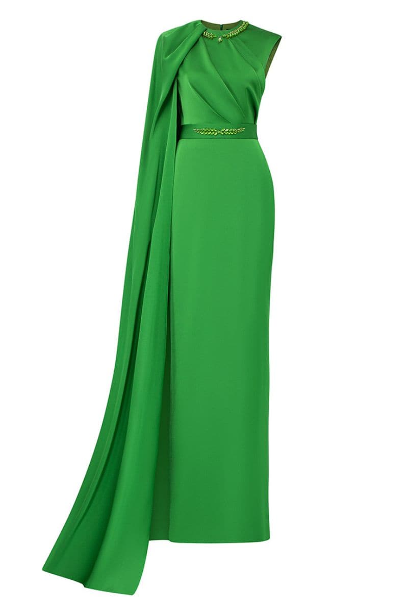 asymmetric shoulder gown with satin waistband – DUSK