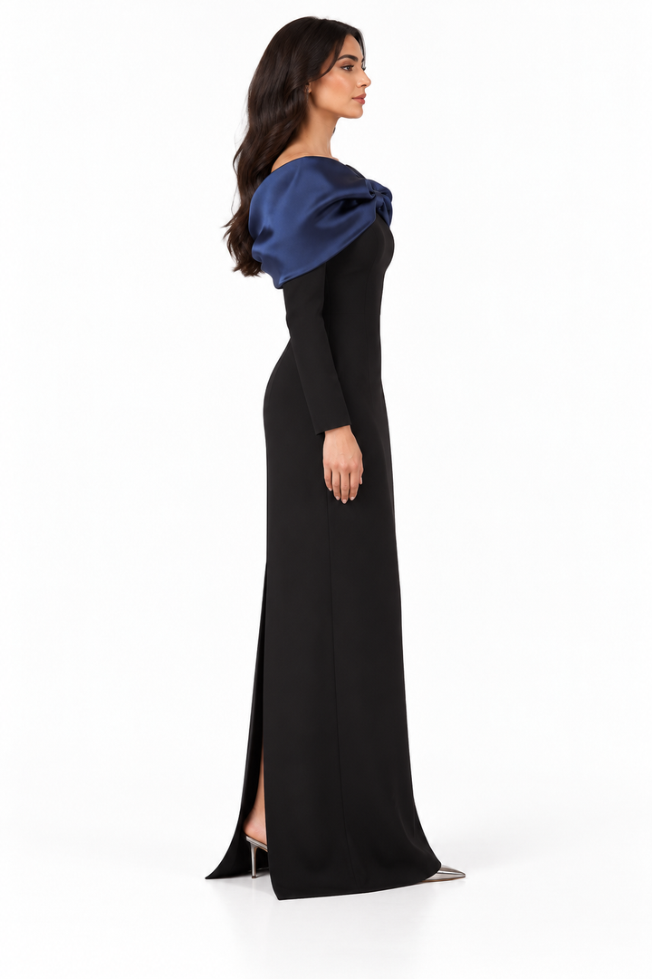 Bow Shoulder Long Sleeve Evening Gown - Noctis