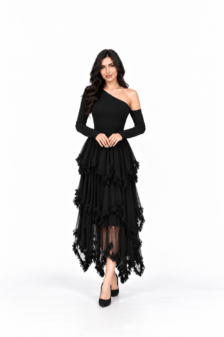Black One Shoulder Ruffle Tulle Midi Dress - Selena