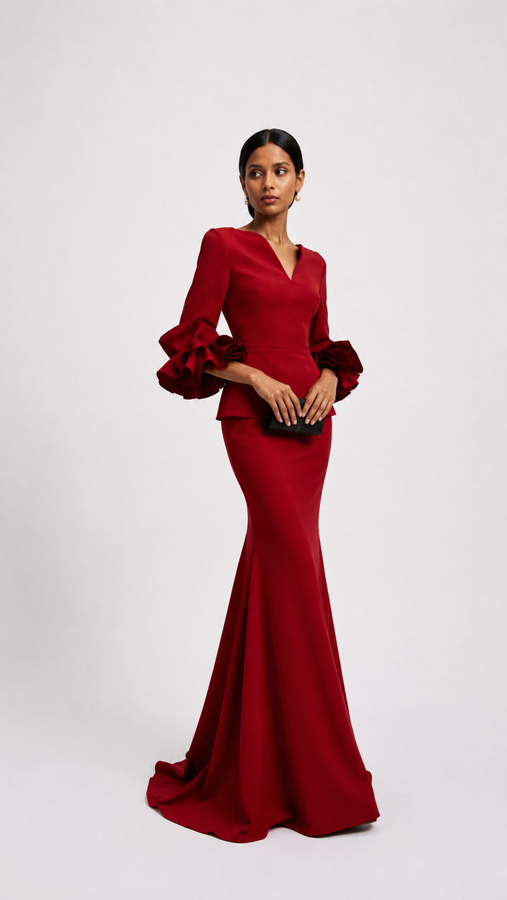 Red Ruffle Sleeve Peplum Mermaid Dress – VALENCIA