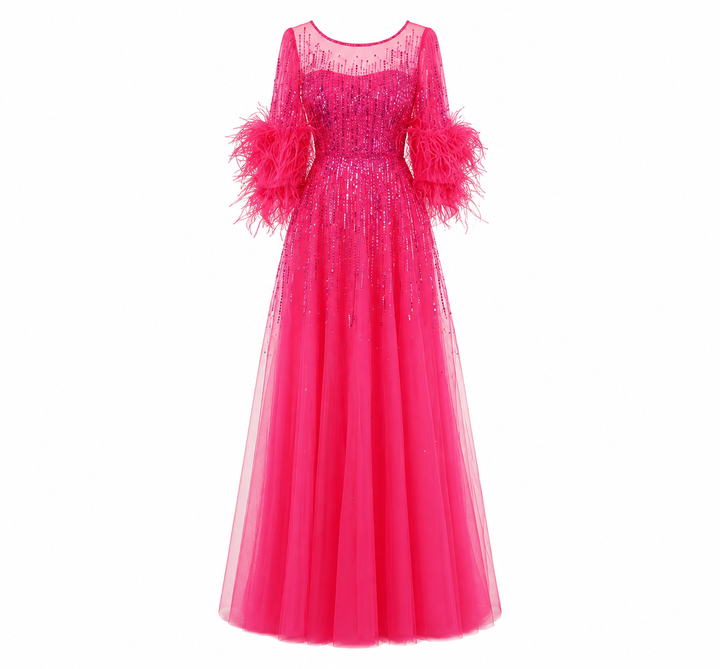 Feather Cuff Sequin Tulle Gown – FUCHSIA