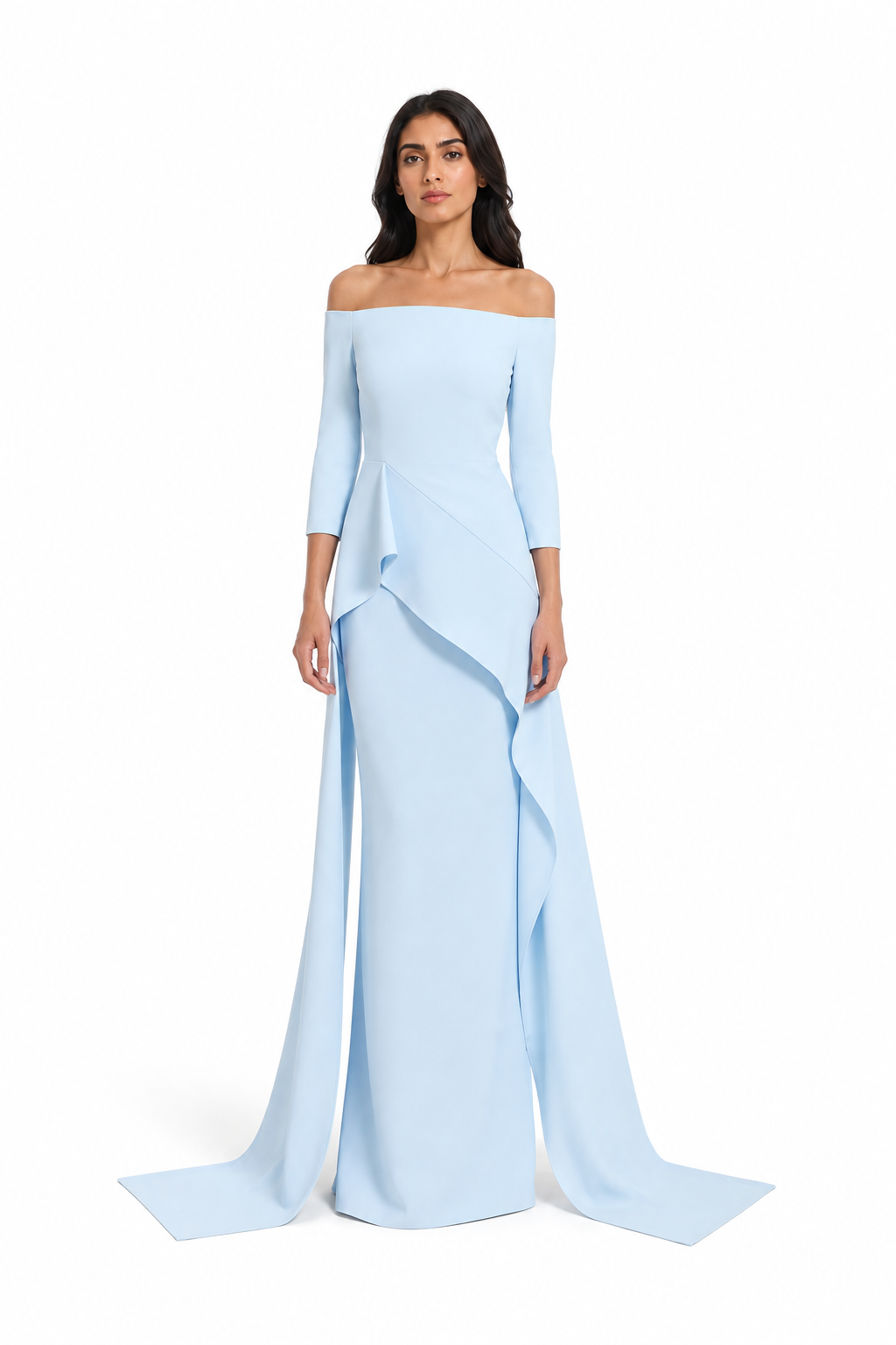 Sky Blue Off-Shoulder Ruffle Evening Gown – SERENITY