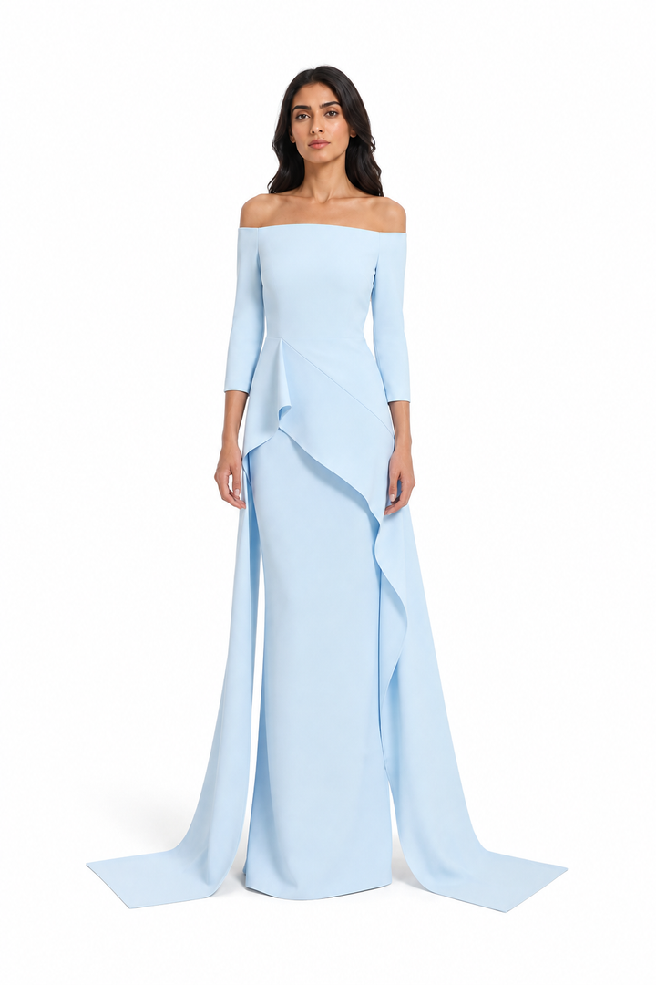 Sky Blue Off-Shoulder Ruffle Evening Gown – SERENITY