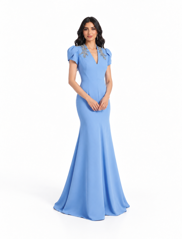 Crystal Shoulder Puff Sleeve - Gown