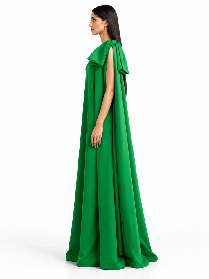 Emerald Green One-Shoulder Bow Cape Maxi Dress - Esmeralda