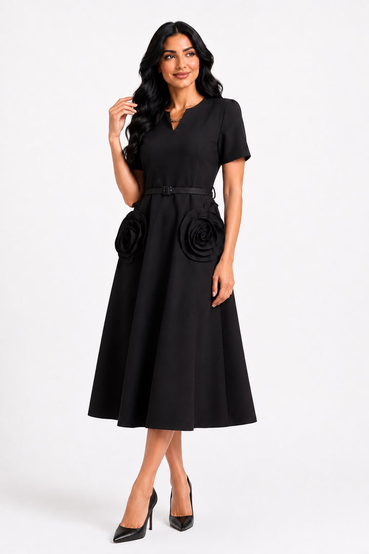 Rose Appliqué Belted Midi Dress - Pearl