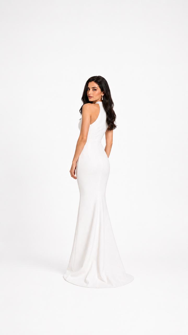White Halter Mermaid Evening Gown with Floral Waist Detail – AURORA