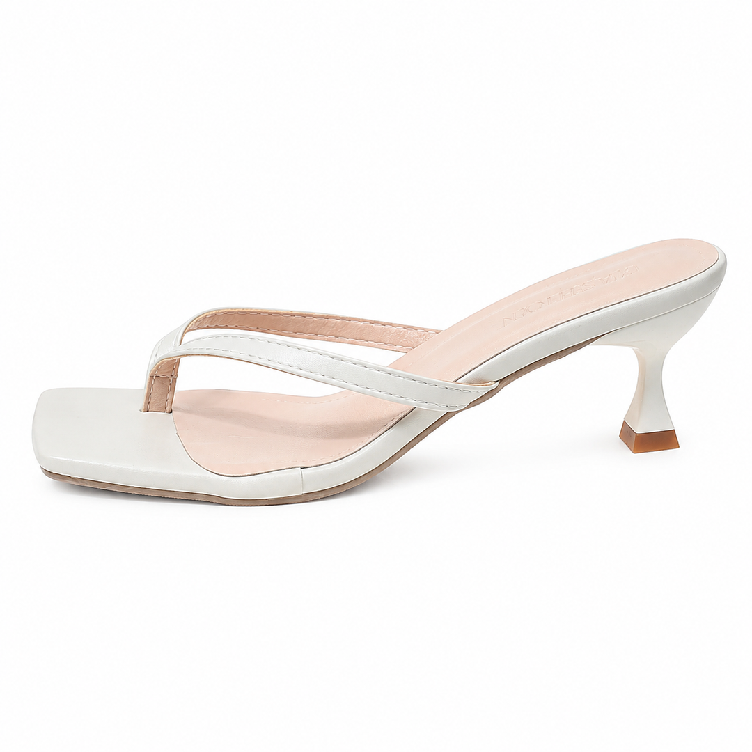 Chic White Square-Toe Kitten Heel Thong Sandals – Nova
