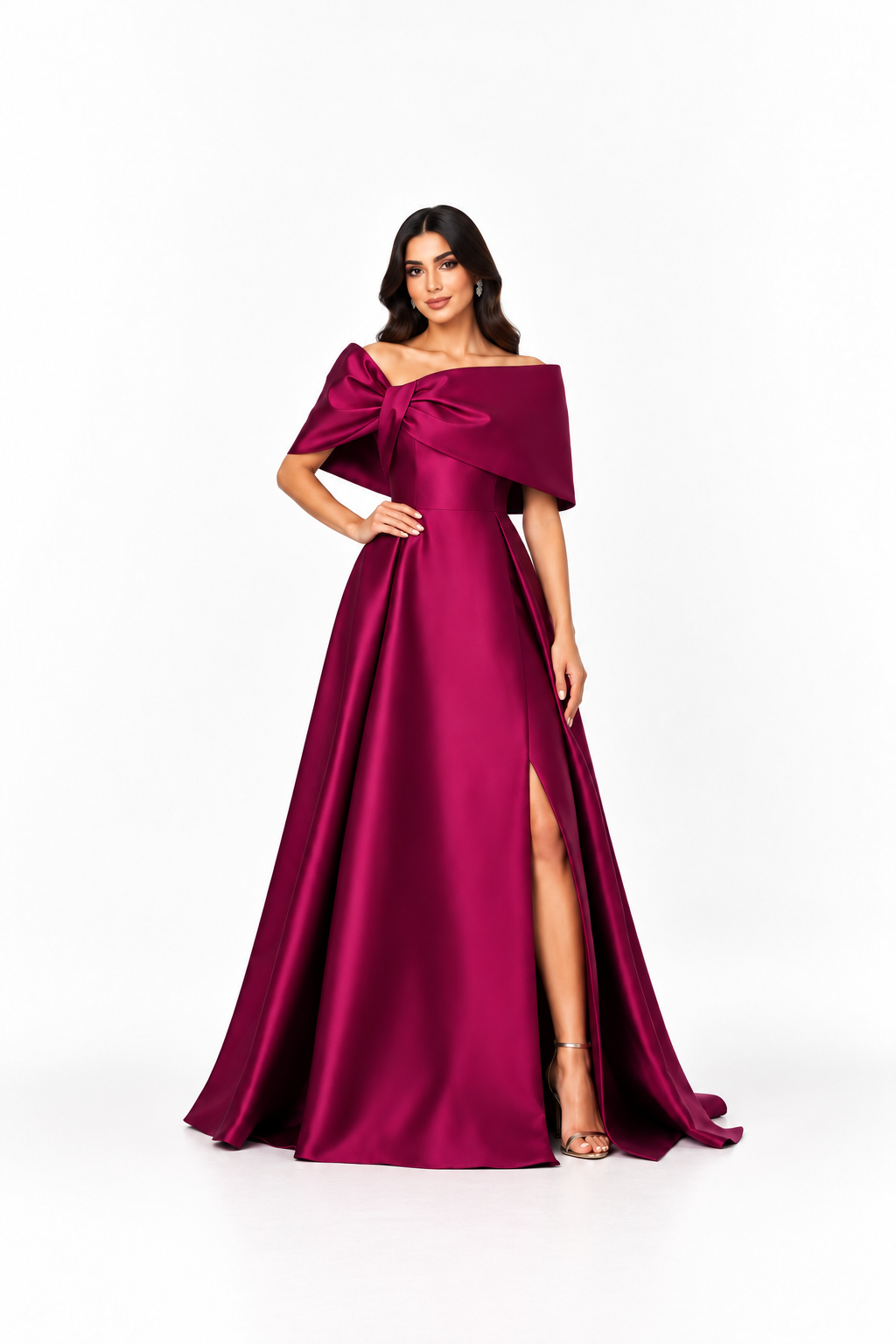 Off-Shoulder Bow Satin Evening Gown - Allure